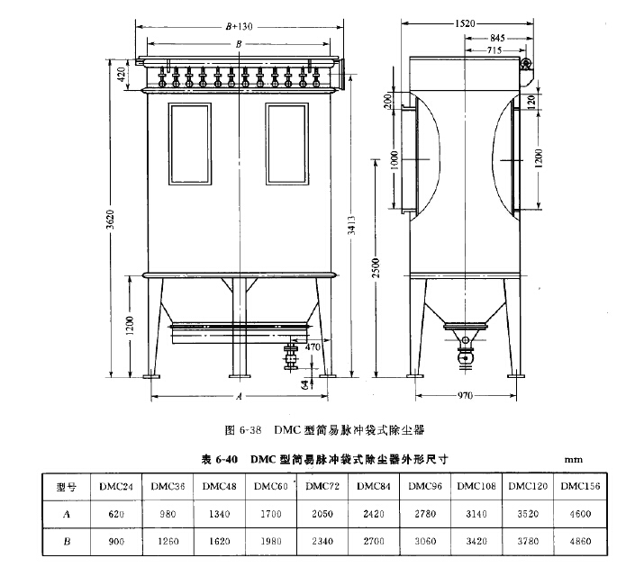 DMC型簡(jiǎn)易脈沖袋式除塵器外形尺寸